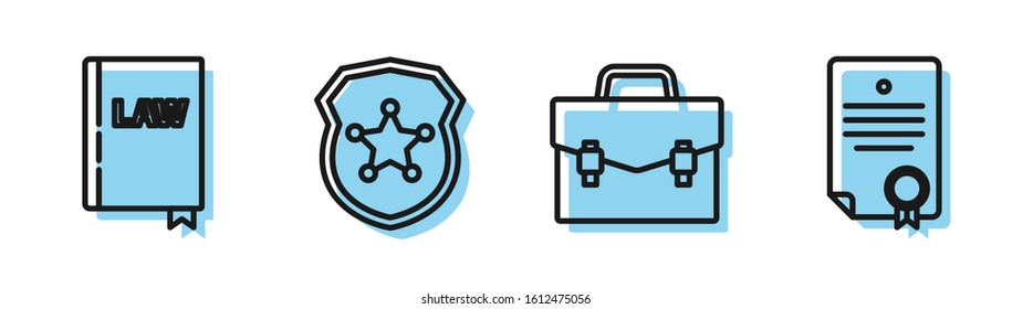 Set line Briefcase, Law book, Police badge and Certificate template icon. Vector