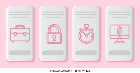 Set line Briefcase, Lock, Stopwatch and Computer monitor with dollar symbol. White rectangle button. Vector
