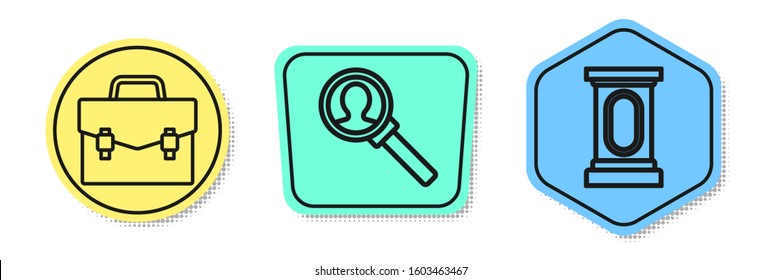Set line Briefcase, Magnifying glass for search and Stage stand or debate podium rostrum. Colored shapes. Vector
