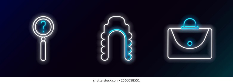 Set line Briefcase, Magnifying glass with search and Judge wig icon. Glowing neon. Vector