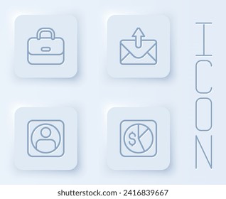 Set line Briefcase, Mail and e-mail, Create account screen and Market analysis. White square button. Vector