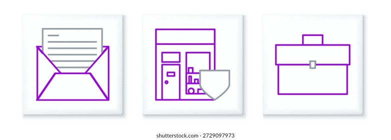 Establecer línea Maletín, correo y correo electrónico y edificio de compras con icono de escudo. Vector