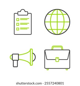 Set line Briefcase, Megaphone, Earth globe and Clipboard with checklist icon. Vector