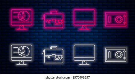 Set line Briefcase and money, Computer monitor screen, Computer monitor with graph chart and Safe. Glowing neon icon on brick wall. Vector