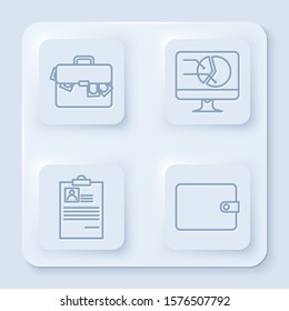 Set line Briefcase and money, Computer monitor with graph chart, Clipboard with resume and Wallet. White square button. Vector