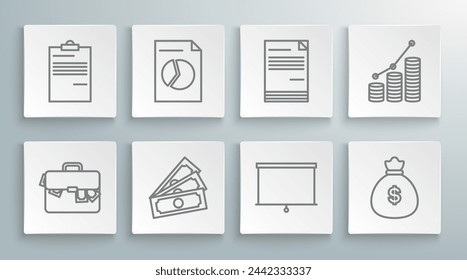Set line Briefcase and money, Document with graph chart, Stacks paper cash, Chalkboard, Money bag, Pie infographic coin and  icon. Vector
