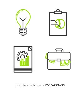 Set line Briefcase and money, Document with graph chart, Clipboard and Light bulb concept of idea icon. Vector