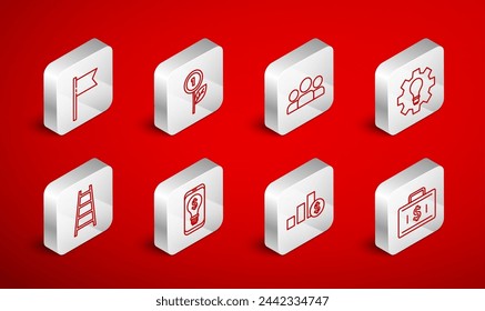 Set line Briefcase and money, Dollar plant, Users group, Light bulb gear, Pie chart dollar, Location marker, with mobile and Stair finish flag icon. Vector