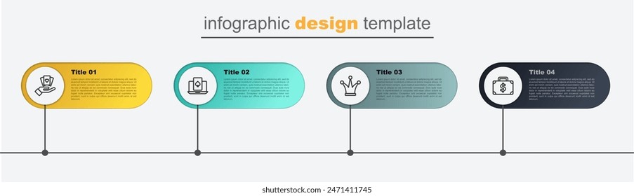 Set line Briefcase and money, Joker playing card, Online poker table game and Hand holding cards. Business infographic template. Vector