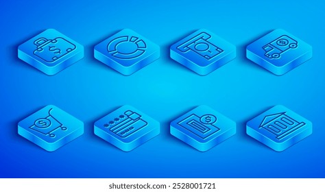 Set line Briefcase and money, Pie chart infographic, ATM, Credit card with lock, Inserting coin, Armored truck, Shopping cart dollar and Bank building icon. Vector