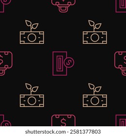 Set line Briefcase and money, Money plant in the pot and Inserting coin on seamless pattern. Vector