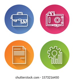 Set line Briefcase and money, Safe and money, Document and Pie chart infographic. Color circle button. Vector