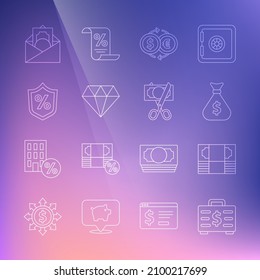 Set line Briefcase and money, Stacks paper cash, Money bag, exchange, Diamond, Loan percent, Envelope with dollar symbol and Scissors cutting icon. Vector