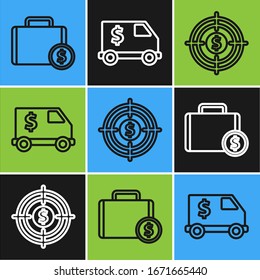 Set line Briefcase and money, Target with dollar and Armored truck icon. Vector