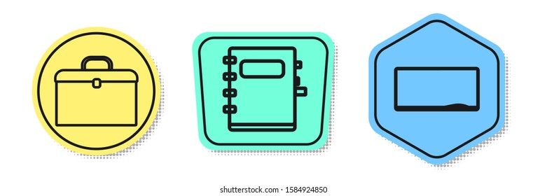 Set line Briefcase, Notebook and Chalkboard. Colored shapes. Vector