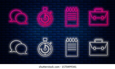 Set line Briefcase, Notebook, Speech bubble chat and Briefcase. Glowing neon icon on brick wall. Vector