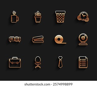 Set line Briefcase, Office chair, Cup of tea and leaf, Tie, File document, stapler, Web camera and Scotch icon. Vector