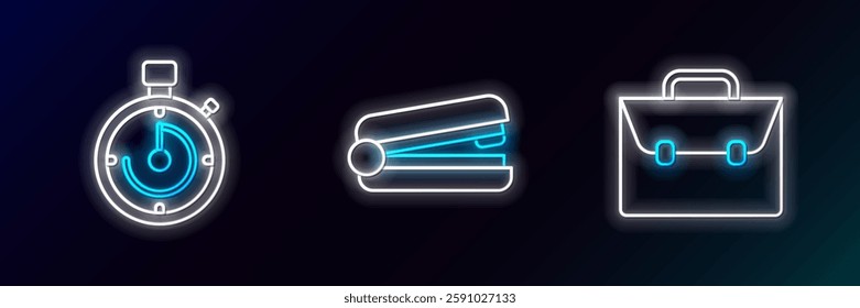 Set line Briefcase,  and Office stapler icon. Glowing neon. Vector