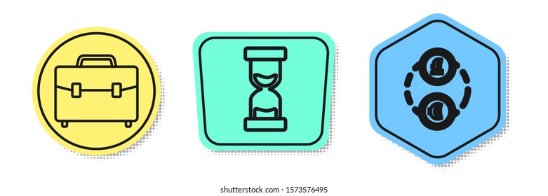 Set line Briefcase, Old hourglass with flowing sand and Money exchange. Colored shapes. Vector