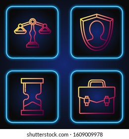 Set line Briefcase, Old hourglass, Scales of justice and User protection. Gradient color icons. Vector