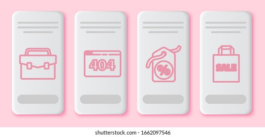 Set line Briefcase, Page with a 404 error, Discount percent tag and Shoping bag with Sale. White rectangle button. Vector
