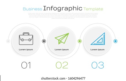 Set line Briefcase, Paper airplane and Triangular ruler. Business infographic template. Vector