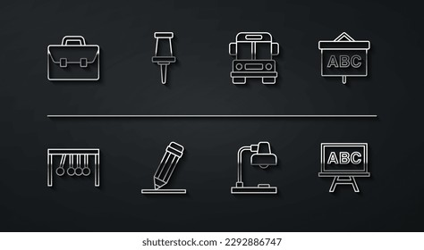 Set line Briefcase, Pendulum, Chalkboard, Table lamp, Pencil with eraser, Push pin,  and School Bus icon. Vector svg