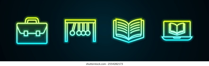 Set line Briefcase, Pendulum, Open book and Online class. Glowing neon icon. Vector