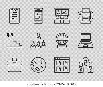 Set line Briefcase, People with lamp bulb, Training, presentation, Earth globe, Clipboard checklist, Hierarchy organogram chart, Browser files and Laptop icon. Vector