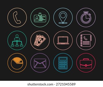 Set line Briefcase, Phone book, Map pin, Stacks paper money cash, Referral marketing, Telephone handset, Laptop and Identification badge icon. Vector