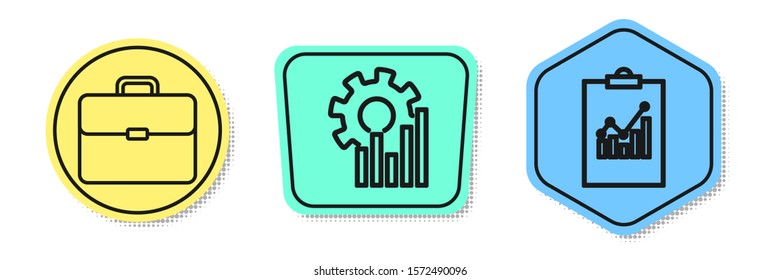 Set line Briefcase, Pie chart infographic and Clipboard with graph chart. Colored shapes. Vector
