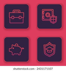 Set line Briefcase, Piggy bank, Safe with shield and Graduation cap. Blue square button. Vector