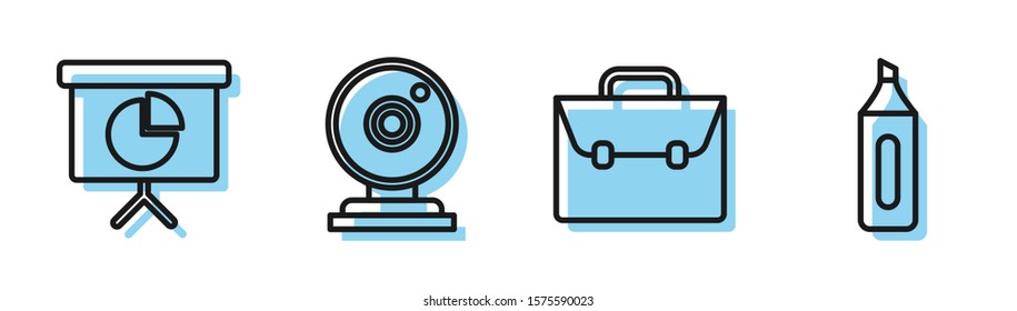 Set line Briefcase, Presentation financial board with graph, schedule, chart, diagram, infographic, pie graph, Web camera and Marker pen icon. Vector