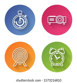 Set line Briefcase, Presentation, movie, film, media projector, Target and Alarm clock. Color circle button. Vector