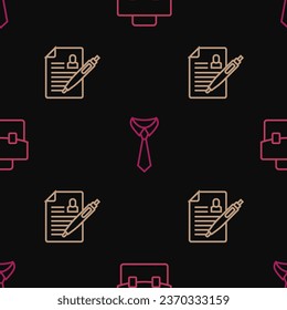 Set line Briefcase, Resume and Tie on seamless pattern. Vector