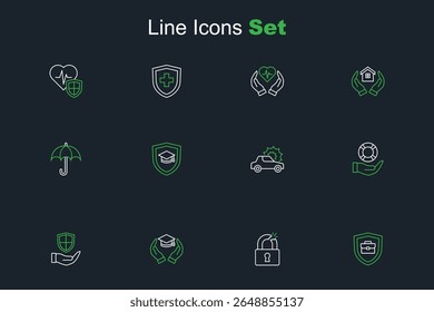 Set line Briefcase with shield, Broken or cracked lock, Education grant, Shield in hand, Lifebuoy, Car insurance, Graduation cap and Umbrella icon. Vector