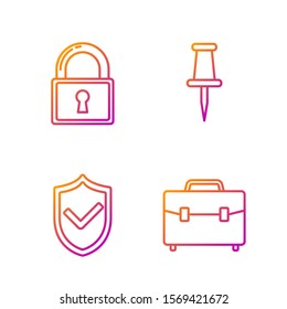 Set line Briefcase, Shield with check mark, Lock and Push pin. Gradient color icons. Vector
