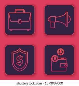 Set line Briefcase, Shield with dollar symbol, Megaphone and Wallet with coins. Blue square button. Vector