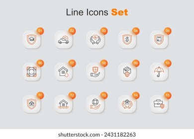 Set line Briefcase with shield, House in hand, Lifebuoy, flood, Umbrella, Delivery security and Shield icon. Vector