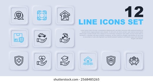 Set line Briefcase with shield, House in hand, Car insurance, flood, Delivery security, Life, Lifebuoy and Education grant icon. Vector