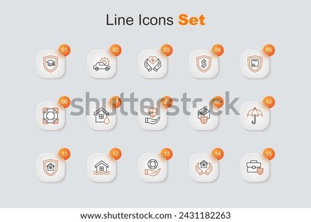 Set line Briefcase with shield, House in hand, Lifebuoy, flood, Umbrella, Delivery security and Shield icon. Vector