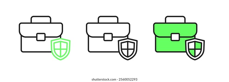 Set line Briefcase with shield icon isolated on white background. Insurance concept. Security, safety, protection, protect concept.  Vector