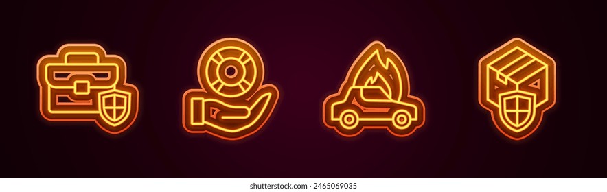 Set Line Aktenkoffer mit Schild, Rettungsring in der Hand, Brennendes Auto und Liefersicherheit. Leuchtendes Neon-Symbol. Vektorgrafik