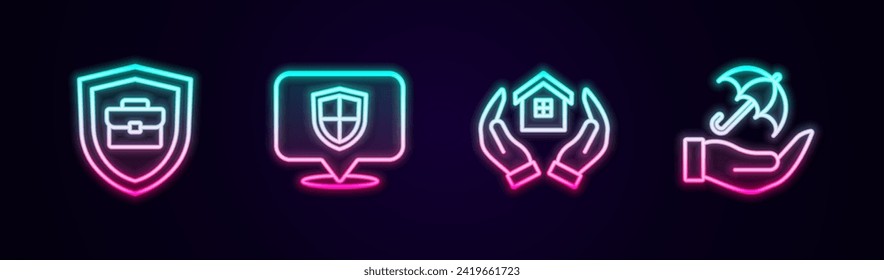 Ponga en línea el Maletín con el escudo, la ubicación, la casa en la mano y el paraguas. Icono de neón brillante. Vector