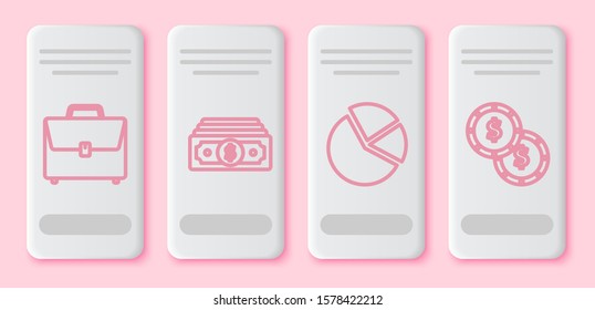 Set line Briefcase, Stacks paper money cash, Pie chart infographic and Coin money with dollar symbol. White rectangle button. Vector