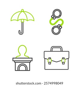 Set line Briefcase, Stage stand or debate podium rostrum, Handcuffs and Umbrella icon. Vector