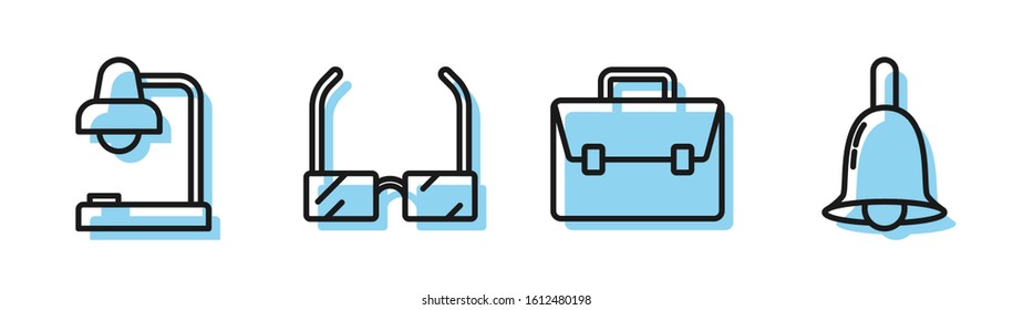 Set line Briefcase, Table lamp, Glasses and Ringing bell icon. Vector