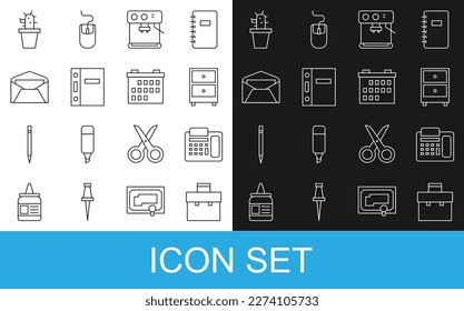 Set line Briefcase, Telephone, Drawer with documents, Coffee machine, Office folders, Envelope, Cactus and succulent pot and Calendar icon. Vector
