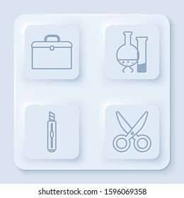 Set line Briefcase, Test tube and flask chemical laboratory test, Stationery knife and Scissors. White square button. Vector