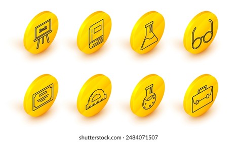 Set line Briefcase, Test tube and flask chemical laboratory, Protractor grid for measuring degrees, Certificate template, Glasses, Book and Chalkboard icon. Vector